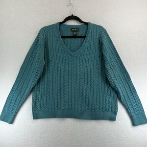 Eddie Bauer Pullover V-Neck Sweater Women’s Large Teal Cotton/Nylon/Angora Cable